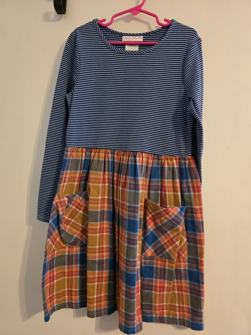 Bonnie Jean Blue Striped Top with Colorful Plaid Skirt Dress